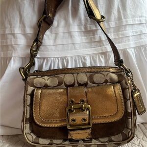 Coach Metallic Gold Signature Canvas Shoulder Bag with Buckle Front